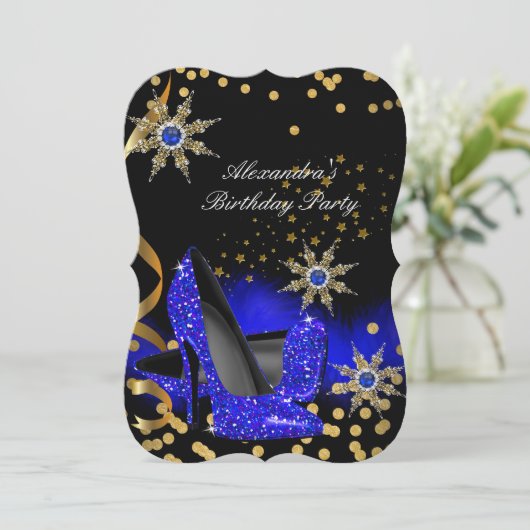 Glitter Royal Blue High Heels Black Birthday Party Kaart (Staand voorkant)