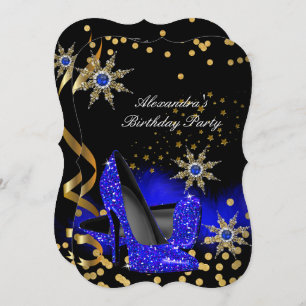 Glitter Royal Blue High Heels Black Birthday Party Kaart