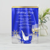 Glitter Royal Blue High Heels Gold Champagne Party Kaart (Staand voorkant)