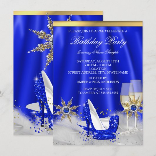 Glitter Royal Blue High Heels Gold Champagne Party Kaart (Voorkant / Achterkant)