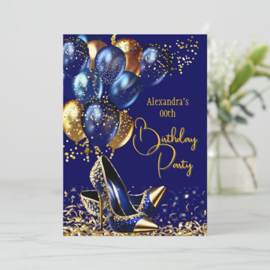 Glitter Royal Navy Blauw Gouden Hakken Ballonnen Kaart (Staand voorkant)
