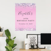 Glitter Roze 14e Verjaardagsfeest Poster (Thuiskantoor)