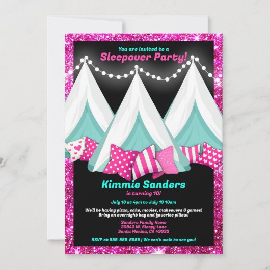 Glitter Roze Blauw Zwart Tepee Sleepover Verjaarda Kaart (Voorkant)