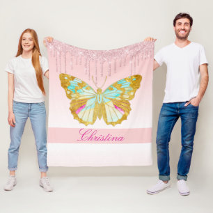 Glitter roze Blauwgroen vlinder op maat Fleece Deken