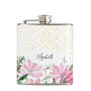 Glitter Roze Bloemen Bloei Waterverf Heupfles