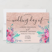 Glitter roze bloemengroen waterverf bruiloft kaart (Voorkant)