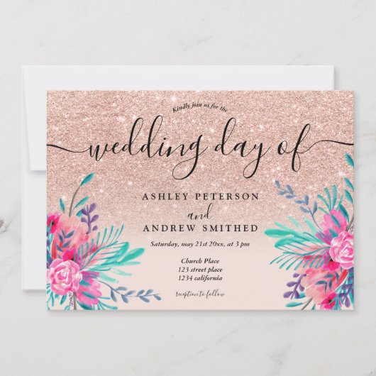 Glitter roze bloemengroen waterverf bruiloft kaart (Voorkant)