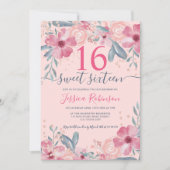 Glitter Roze bloemige waterverf script Sweet 16 Kaart (Voorkant)