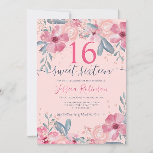 Glitter Roze bloemige waterverf script Sweet 16 Kaart (Voorkant)