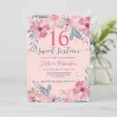 Glitter Roze bloemige waterverf script Sweet 16 Kaart (Staand voorkant)