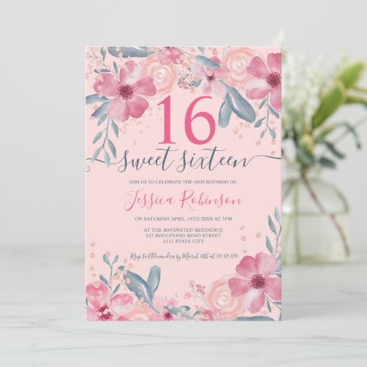Glitter Roze bloemige waterverf script Sweet 16 Kaart (Staand voorkant)