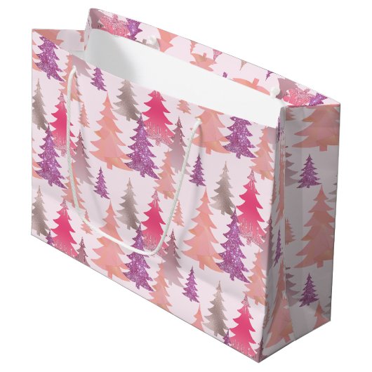 Glitter Roze Blush Kerstboom Patroon Groot Cadeauzakje (Voorkant Gekanteld)