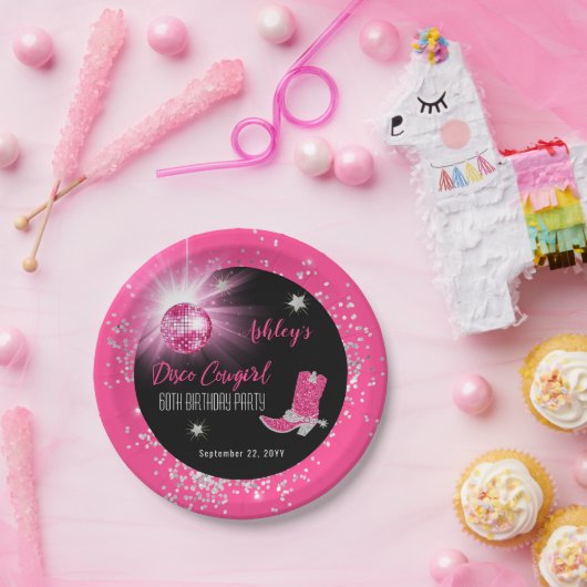 Glitter Roze Disco Cowgirl 60ste Verjaardagsfeestj Papieren Bordje (Feest)