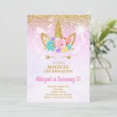 Glitter Roze Eenhoorn Verjaardag uitnodiging (Staand voorkant)