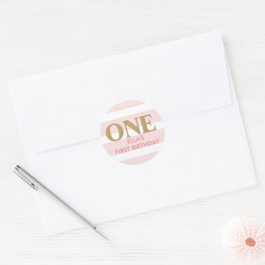 Glitter roze eerste verjaardag stickers (Envelop)