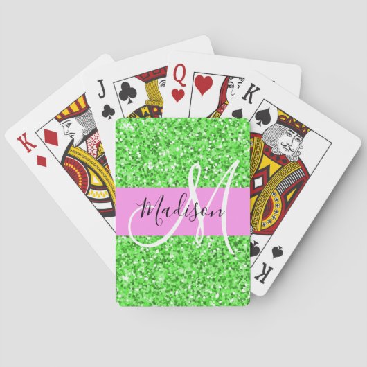 Glitter Roze en Groen Glitter Glans Monogram Naam Pokerkaarten (Achterkant)