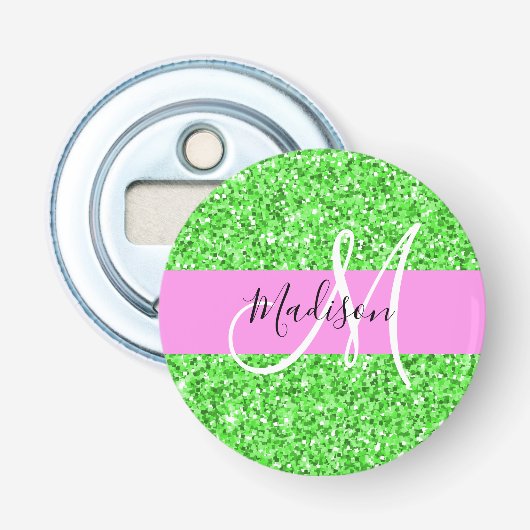 Glitter Roze en Groen Glitter Vonken Monogram Naam Button Flesopener (Voorkant)