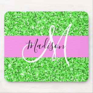 Glitter Roze en Groen Glitter Vonken Monogram Naam Muismat