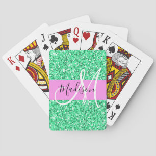 Glitter Roze en Groen Glitter Vonken Monogram Naam Pokerkaarten