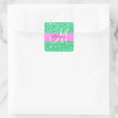 Glitter Roze en Groen Glitter Vonken Monogram Naam Vierkante Sticker (Tas)