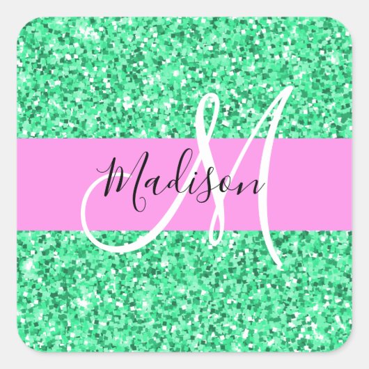 Glitter Roze en Groen Glitter Vonken Monogram Naam Vierkante Sticker (Voorkant)