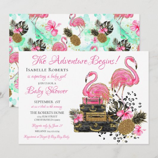 Glitter Roze Flamingo Leopard Print Baby shower Kaart (Voorkant / Achterkant)