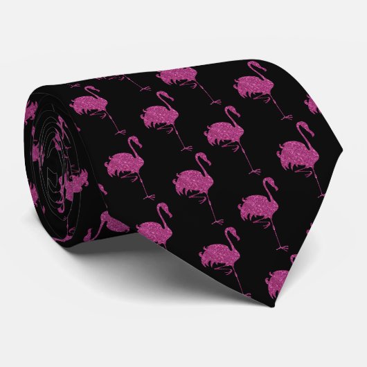 Glitter roze flamingos verdraaid patroon op zwart stropdas (Opgerold)