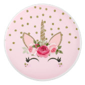 Glitter & Roze Floral Unicorn Trendy Keramische Knop (Voorkant)