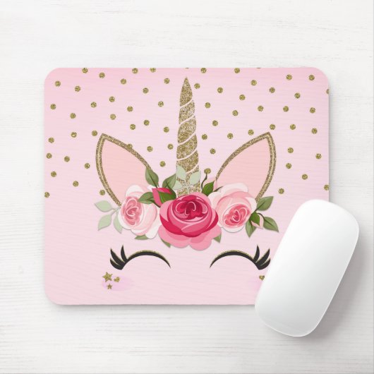 Glitter & Roze Floral Unicorn Trendy Muismat (Met muis)