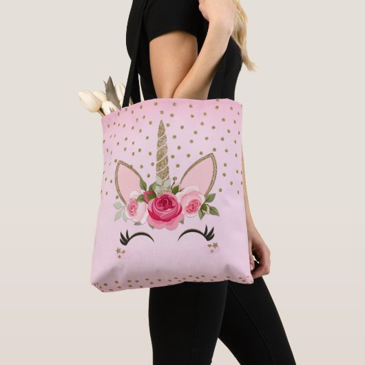 Glitter & Roze Floral Unicorn Trendy Tote Bag (Dichtbij)
