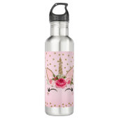 Glitter & Roze Floral Unicorn Trendy Waterfles (Voorkant)