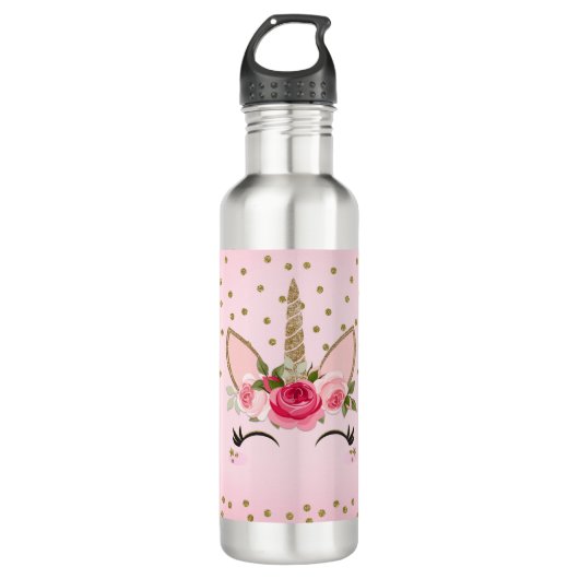 Glitter & Roze Floral Unicorn Trendy Waterfles (Voorkant)