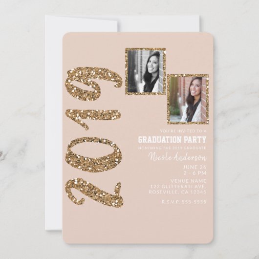Glitter Roze Goud Blush Glam 2019 Afstuderen FOTO Kaart (Voorkant)