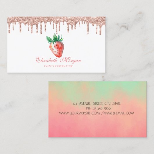 Glitter Roze Goud Drips Aardbei Visitekaartje (Voorkant / Achterkant)
