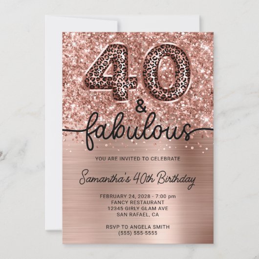 Glitter Roze Goud Luipaard 40 en Fabulous Kaart (Voorkant)
