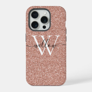 Glitter Roze Goud Monogram iPhone 15 Pro Case