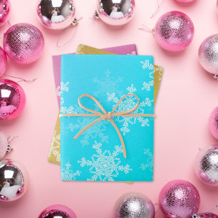 Glitter Roze Icy Blue Golden Snowflakes Kerstmis Inpakpapier Vel