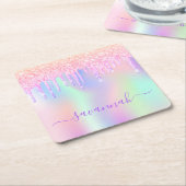 Glitter roze iriserende roze goud regenboog verjaa kartonnen onderzetters (Schuin)