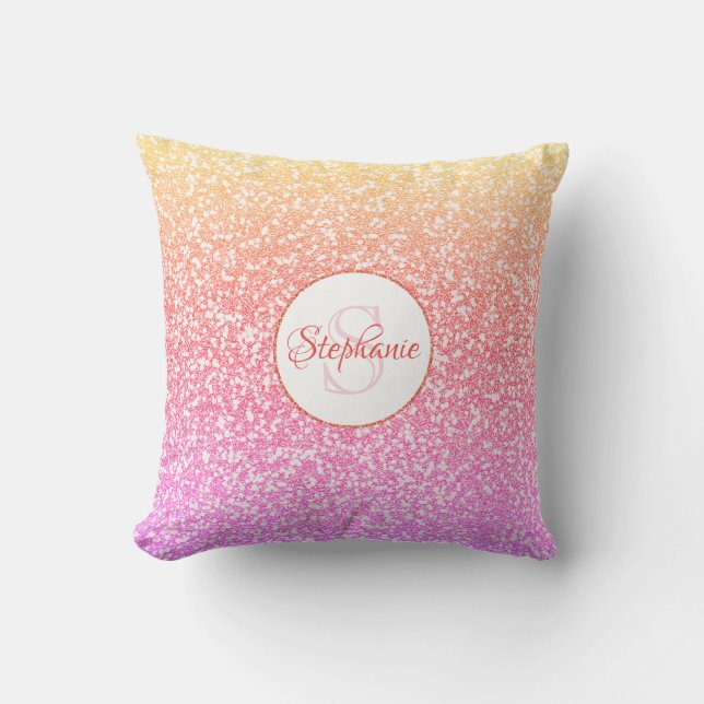 Glitter Roze Koraal Roos Goud Rond Monogram Kussen (Voorkant)