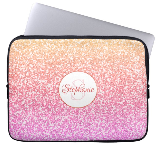 Glitter Roze Koraal Roos Goud Rond Monogram Laptop Sleeve (Voorkant)
