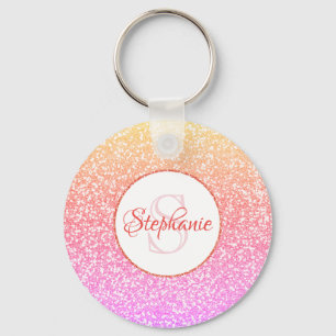 Glitter Roze Koraal Roos Goud Rond Monogram Sleutelhanger