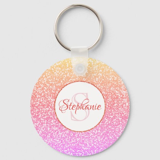 Glitter Roze Koraal Roos Goud Rond Monogram Sleutelhanger (Voorkant)