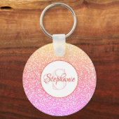 Glitter Roze Koraal Roos Goud Rond Monogram Sleutelhanger (Voorkant)