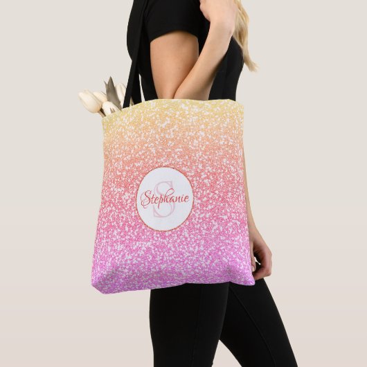 Glitter Roze Koraal Roos Goud Rond Monogram Tote Bag (Dichtbij)