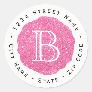 Glitter roze monogram retour adres label