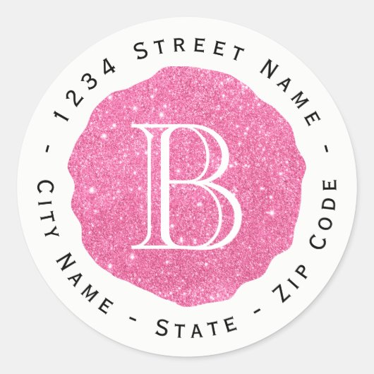 Glitter roze monogram retour adres label (Voorkant)