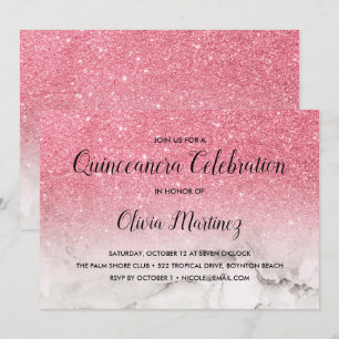 Glitter Roze Ombre wit marmer Quinceañera Kaart