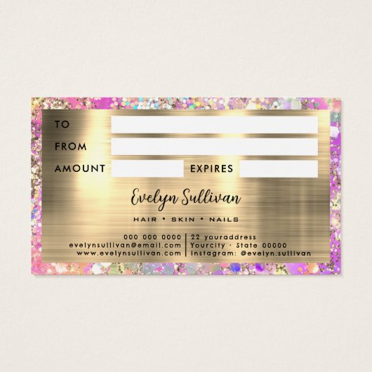 Glitter roze opaal cadeaubon visitekaartje (Achterkant)