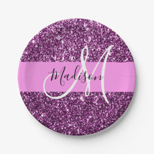 Glitter Roze & Paarse Glitter Glans Monogram Naam Papieren Bordje
