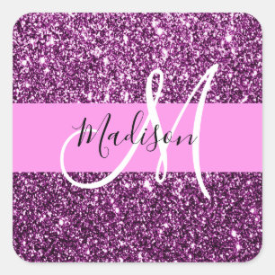 Glitter Roze & Paarse Glitter Monogram Naam Vierkante Sticker